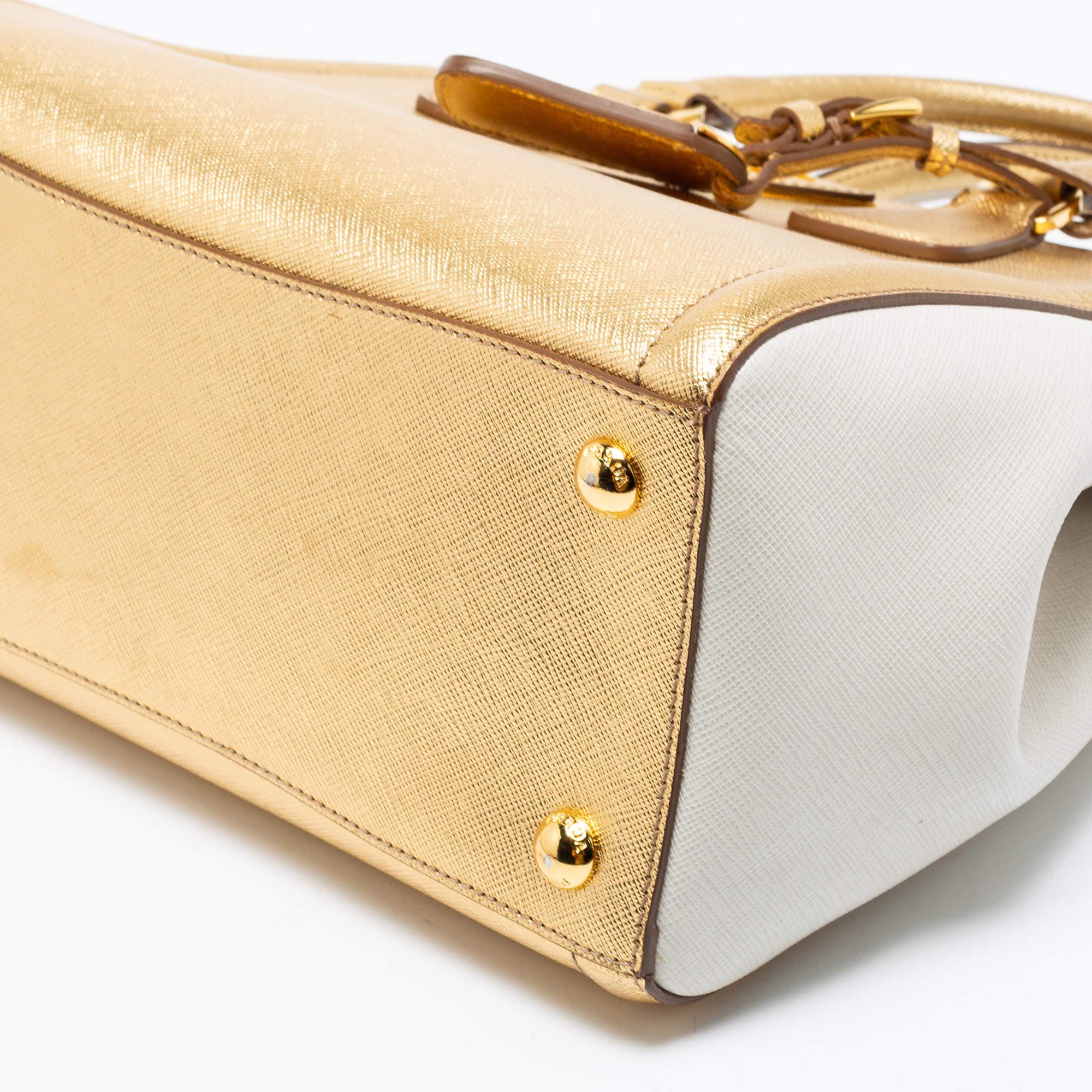 Prada Gold/White Saffiano Lux Leather Small Tote In Good Condition In Dubai, Al Qouz 2