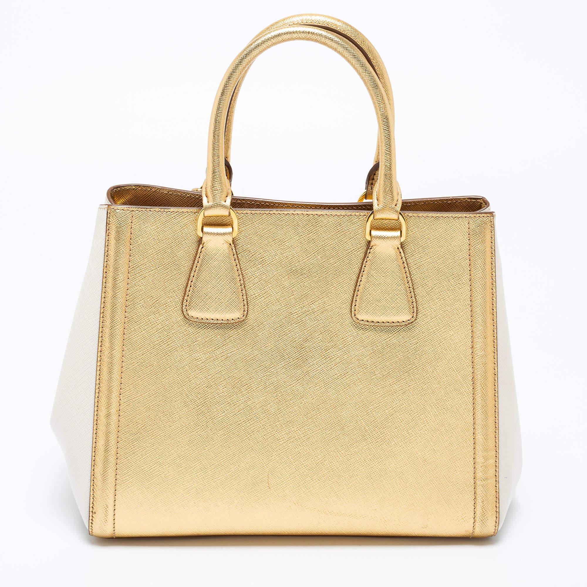 Prada Gold/White Saffiano Lux Leather Small Tote 2