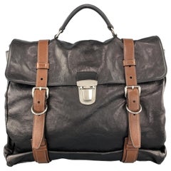 PRADA Grace Folding Soft Black & Brown Leather Push Lock Satchel Briefcase