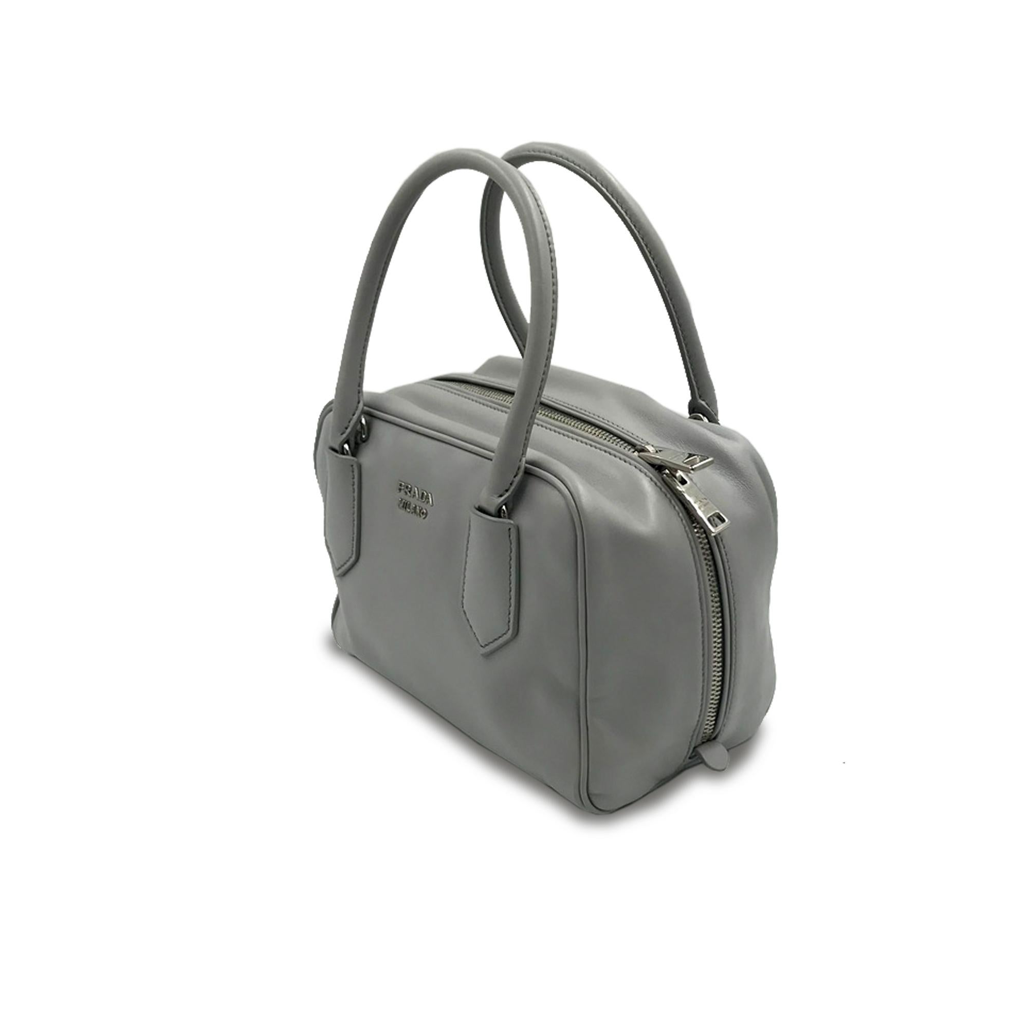 - Light gray with a pistachio interior
- Leather
- Silver-tone Hardware
- Top Zip Closure
- Drop Handles 6