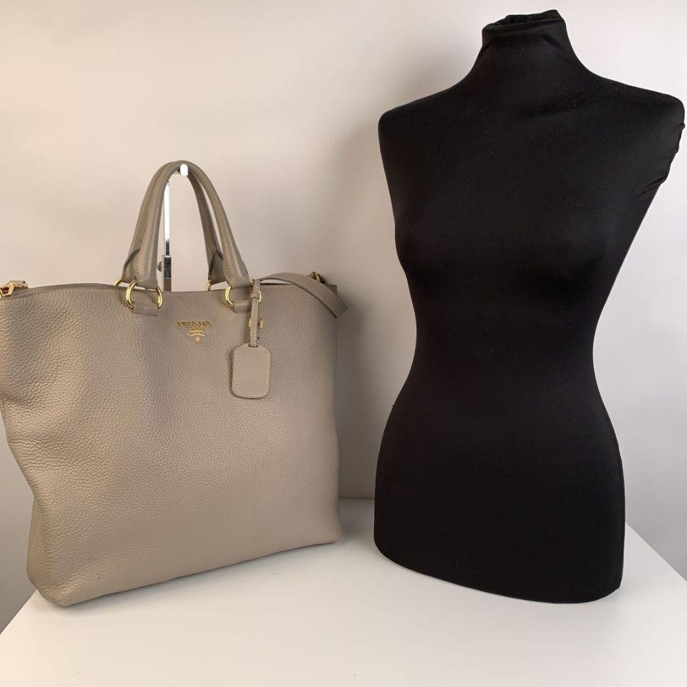 Prada Gray Vitello Daino Leather 2 Way Tote Shoulder Bag BN1713