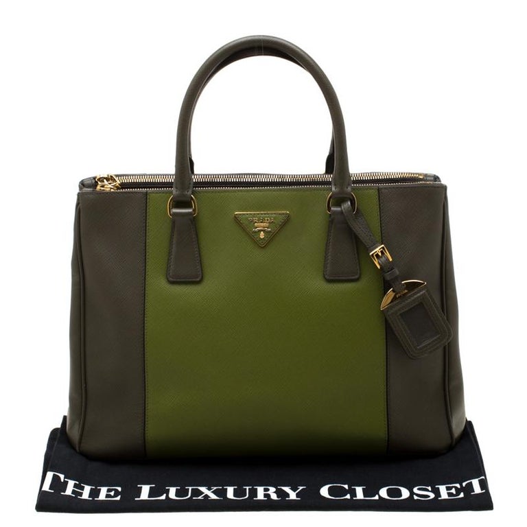 Prada Green 2 Tone Saffiano Lux Leather Medium Double Zip Tote For Sale at  1stDibs