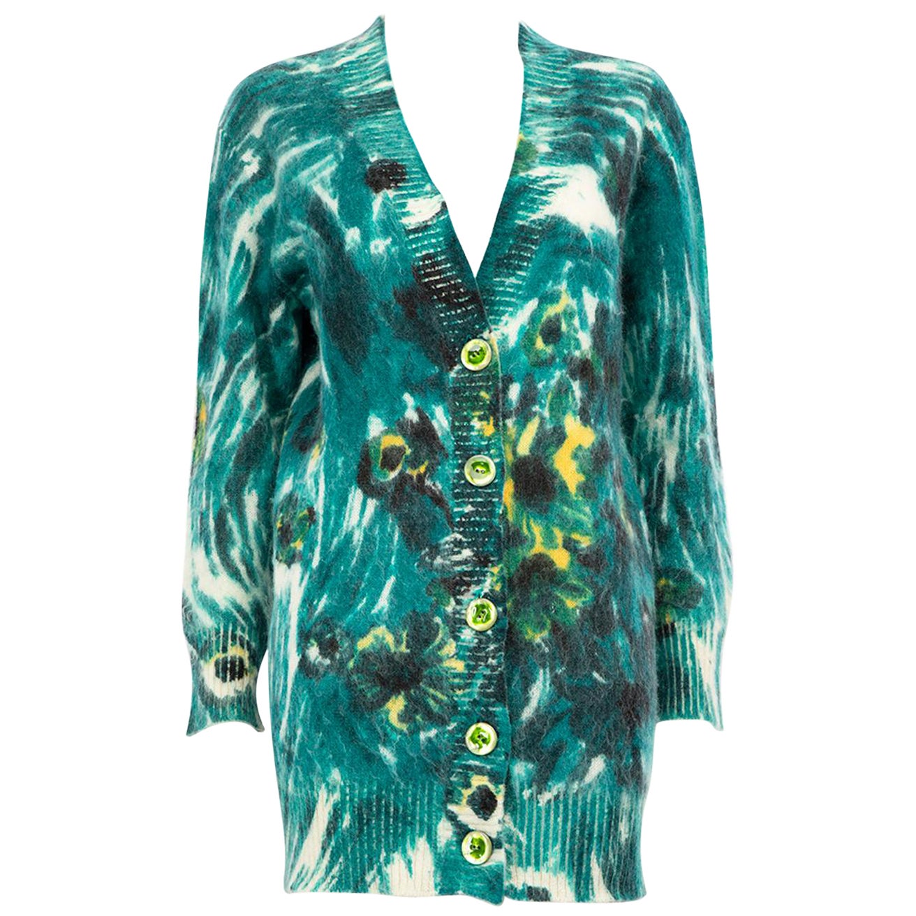 Prada Green Abstract Mohair Knitted Long Cardigan Size XS