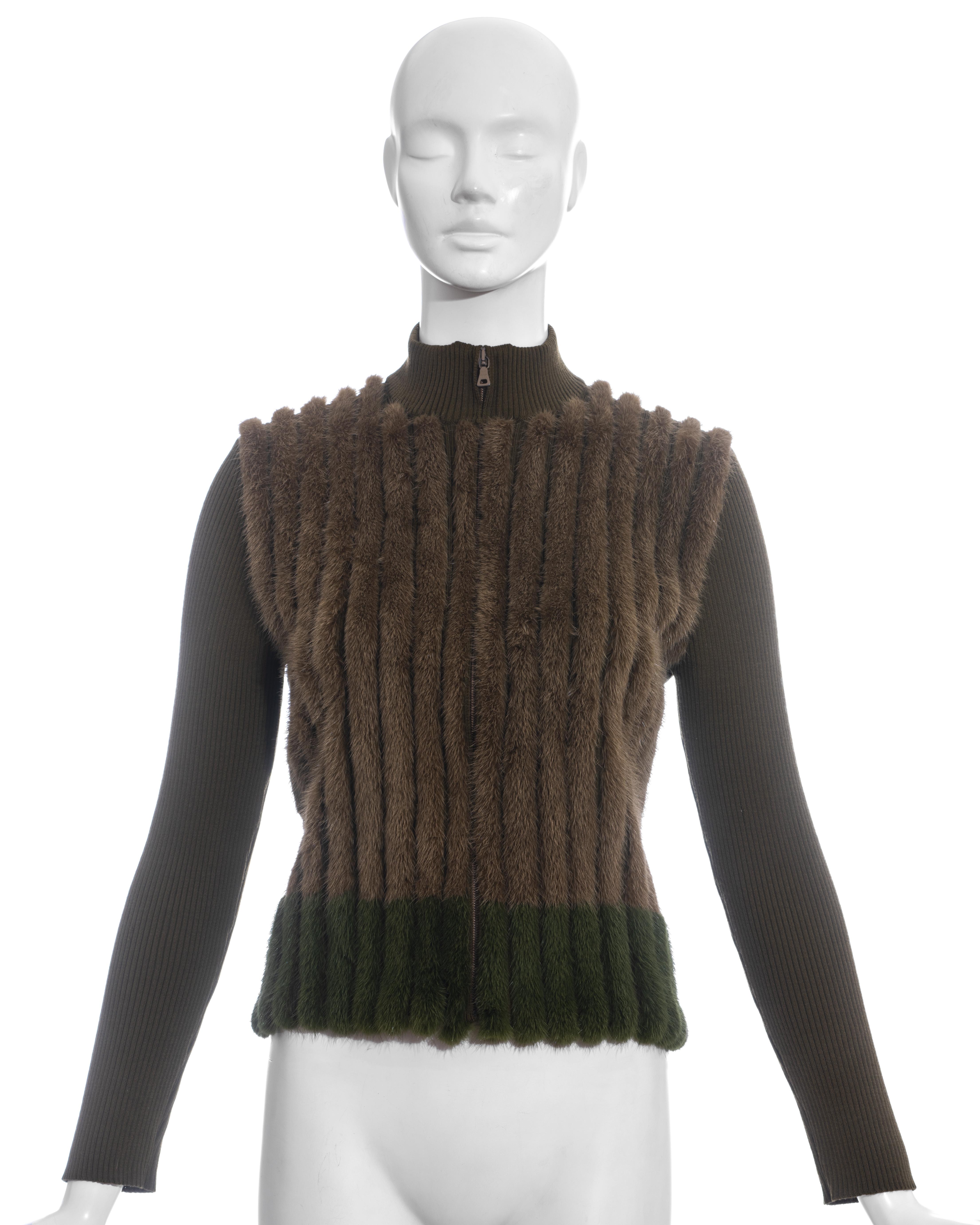 Prada green rib knit long sleeve cardigan with brown and green mink fur and front zip fastening.

Fall-Winter 2000