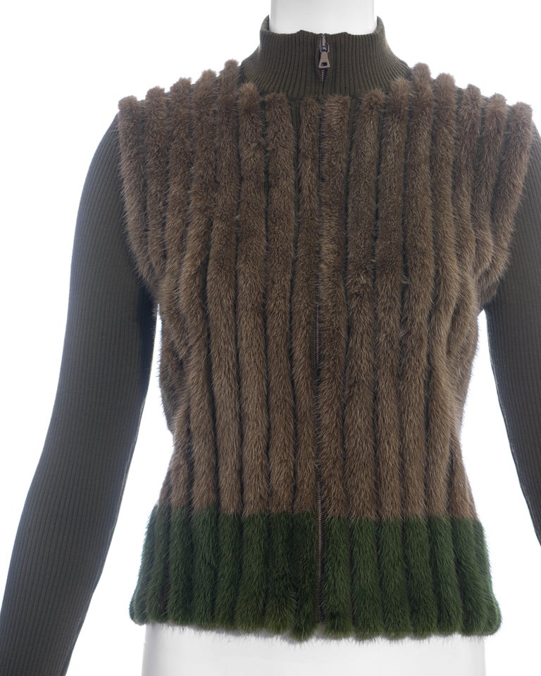 Prada green and brown mink fur and rib knit cardigan, fw 2000 at 