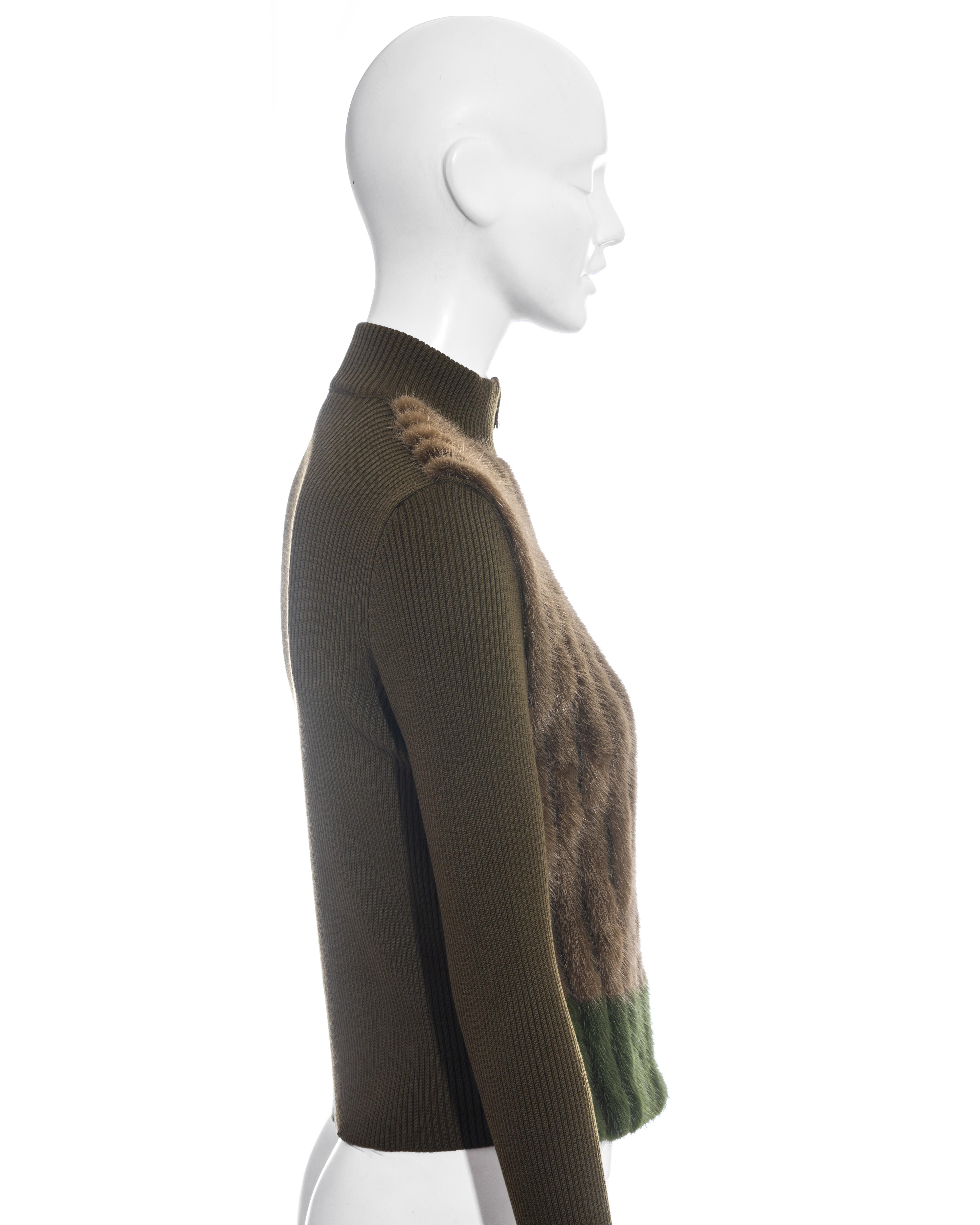 Black Prada green and brown mink fur and rib knit cardigan, fw 2000