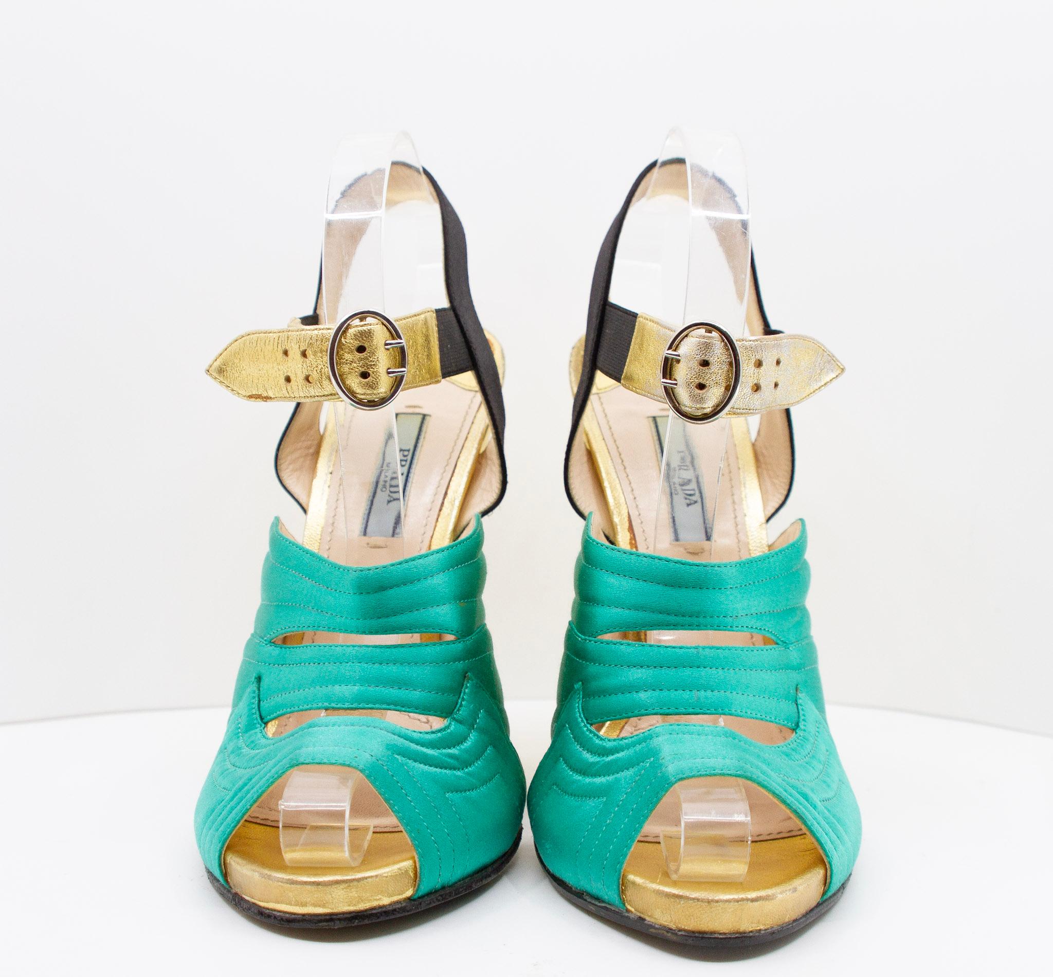 Prada green satin and gold metallic slingback block heels

size EU 40 US 9