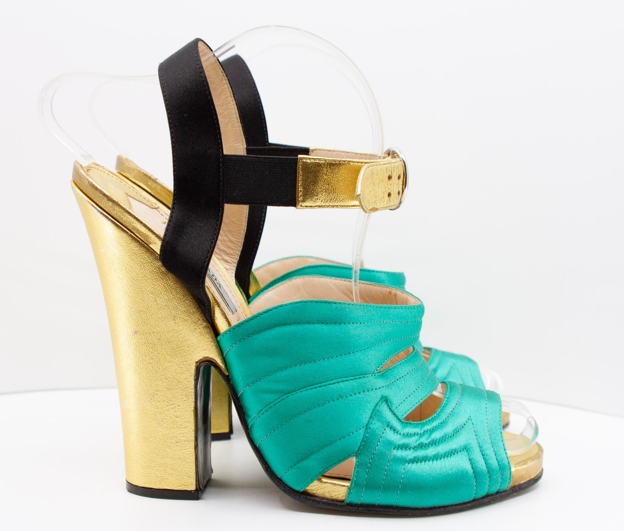 Blue Prada green and gold metallic heels For Sale