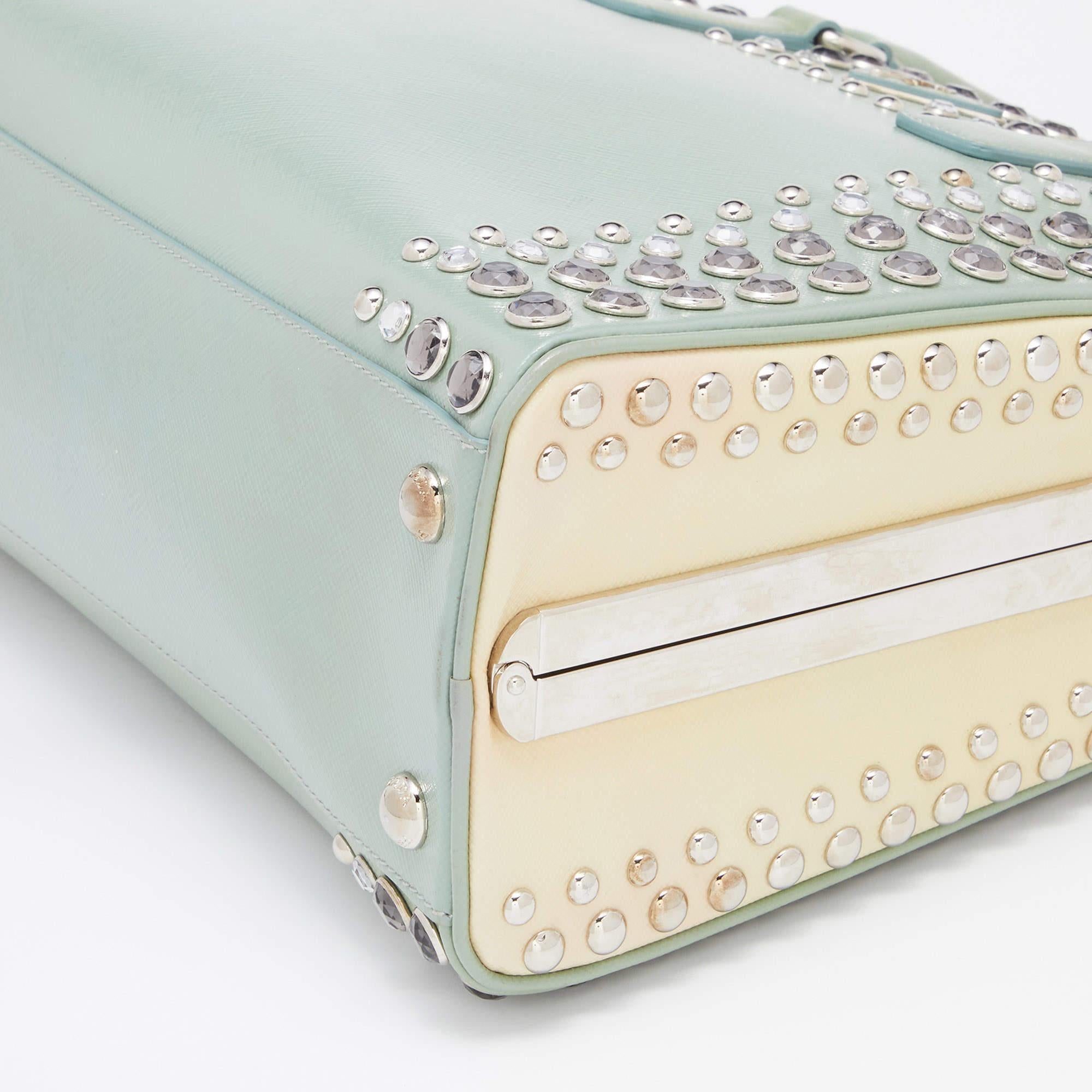 Prada Green/Beige Saffiano Patent Leather Studded Pyramid Frame Satchel 1