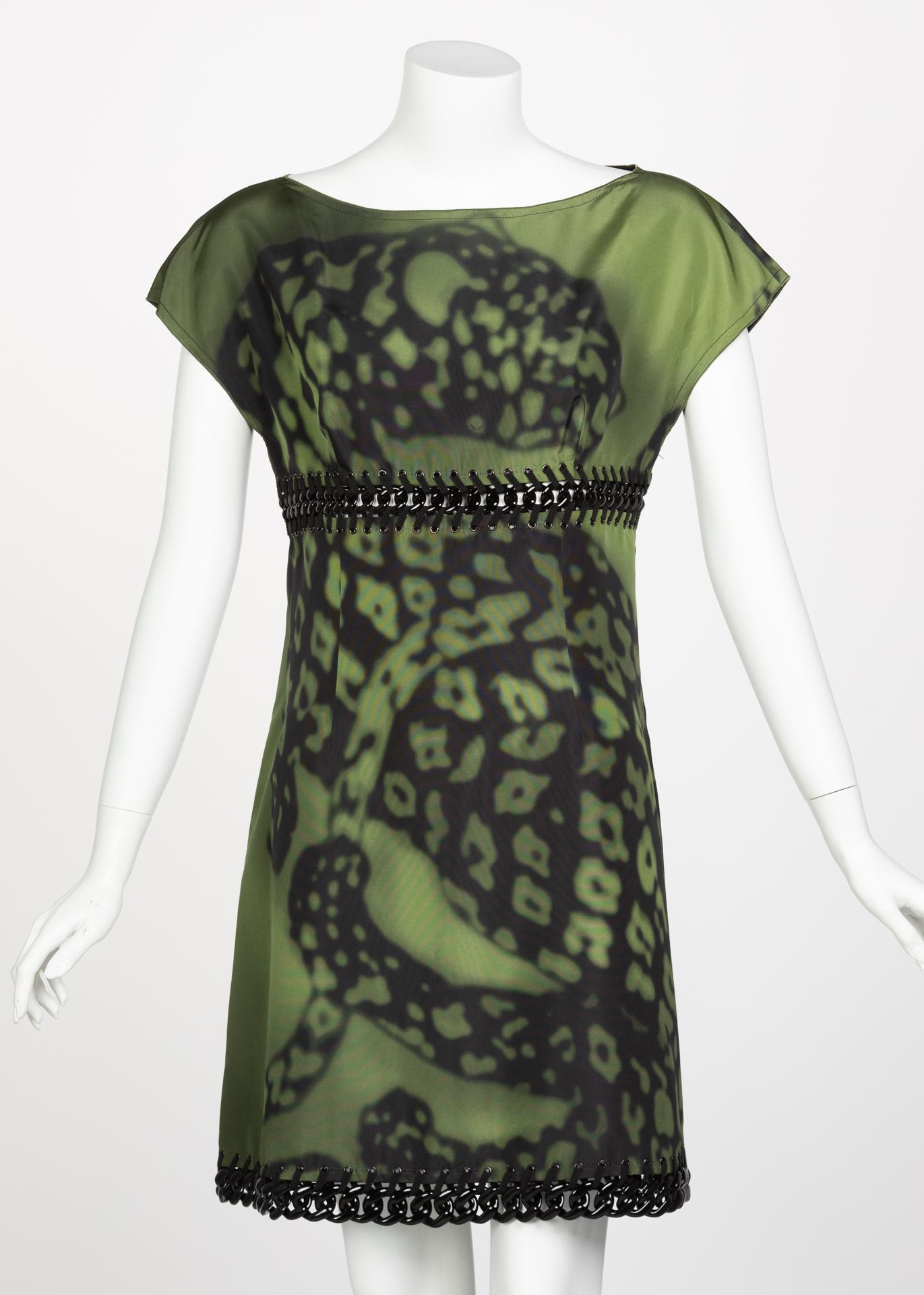 Prada Green Black Chain Inset Printed Shift Dress, Resort 2009 For Sale 1