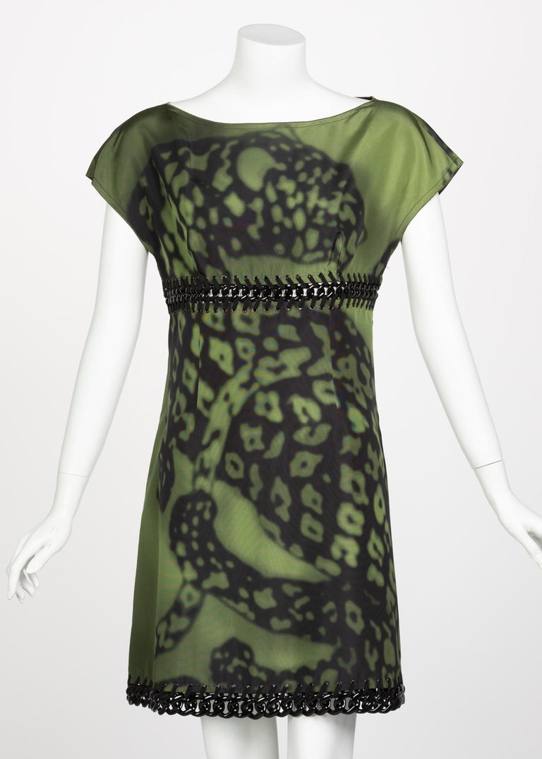 Prada Green Black Chain Inset Printed Shift Dress, Resort 2009  For Sale 1