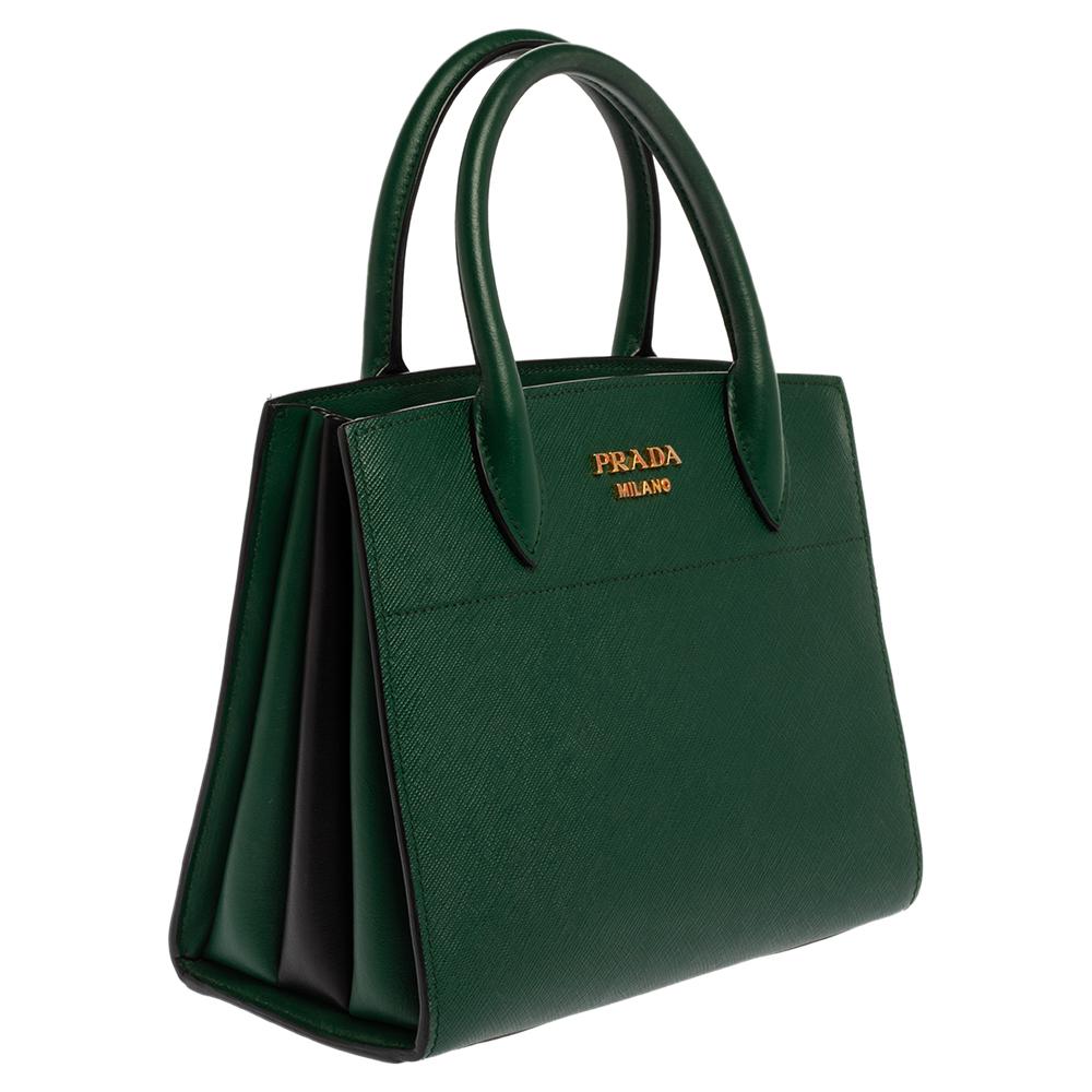 Women's Prada Green/Black Leather Mini Bibliotheque Tote