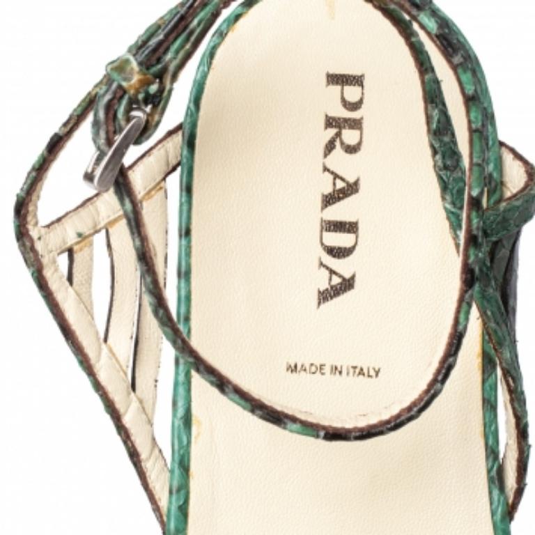 Prada Green/Black Python Flat Ankle Strap Sandals Size 37 In Excellent Condition In Dubai, Al Qouz 2