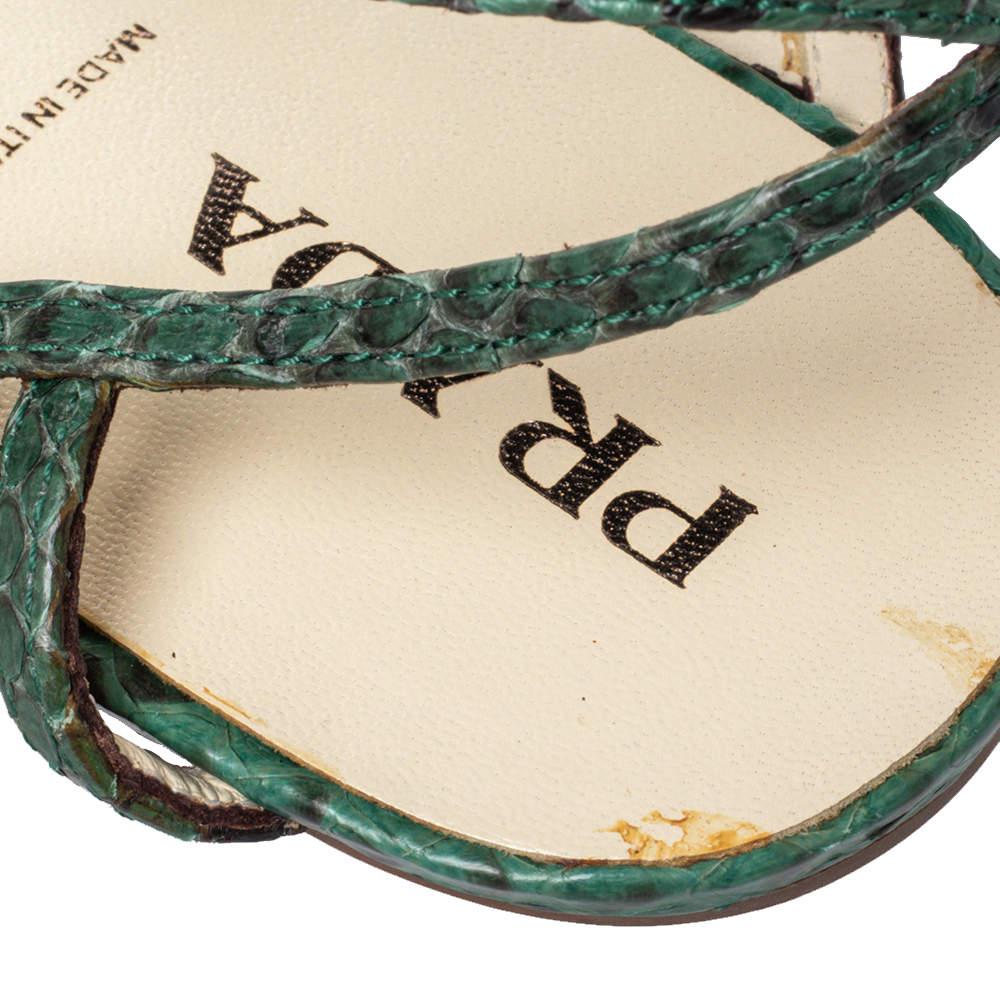 Prada Green/Black Python Flat Ankle Strap Sandals Size 37 For Sale 2
