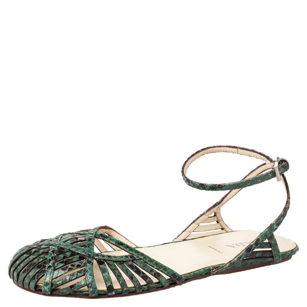 Prada Green/Black Python Flat Ankle Strap Sandals Size 37 For Sale 3