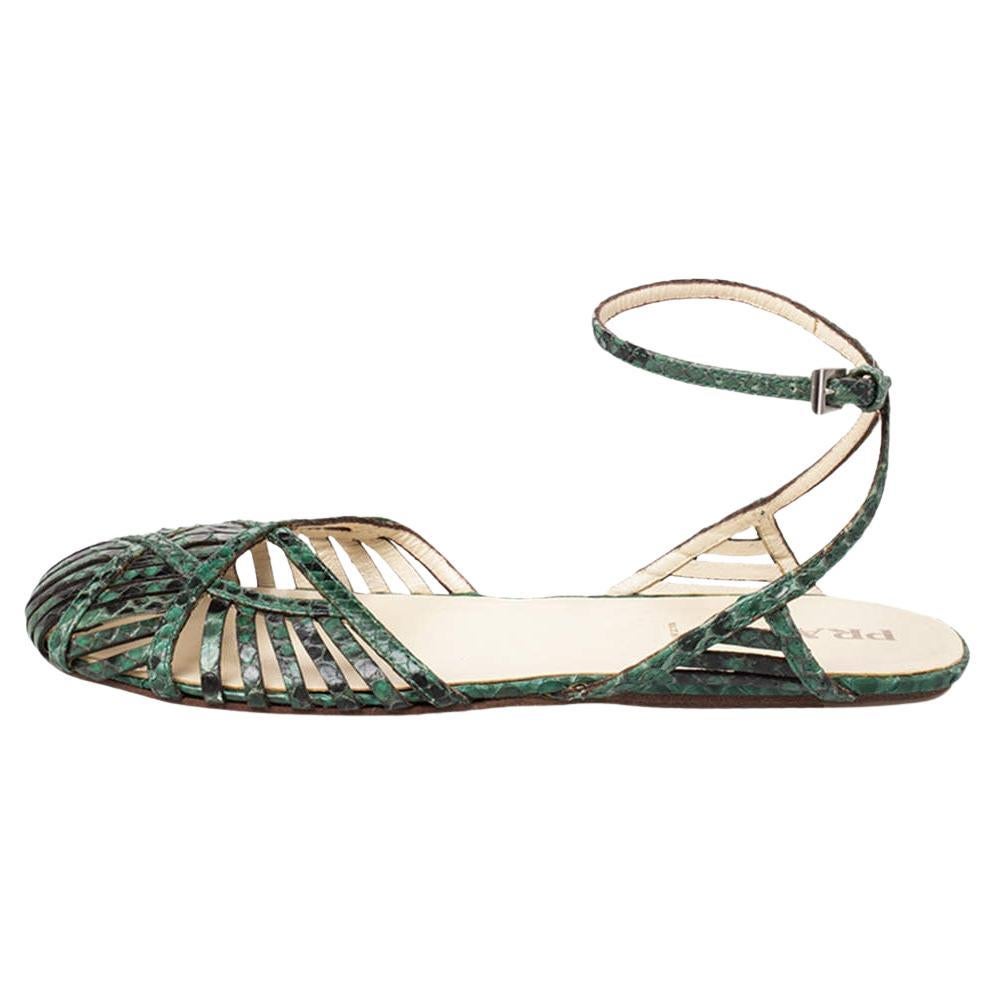 Prada Green/Black Python Flat Ankle Strap Sandals Size 37 For Sale