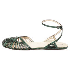 Used Prada Green/Black Python Flat Ankle Strap Sandals Size 37