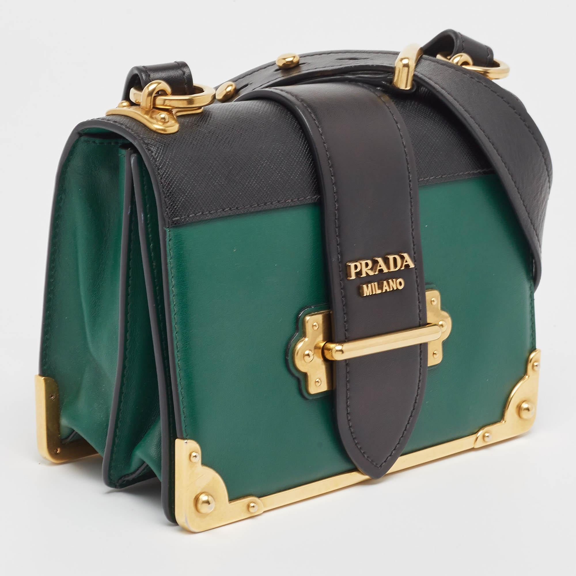 Women's Prada Green/Black Saffiano Leather Cahier Flap Shoulder Bag For Sale