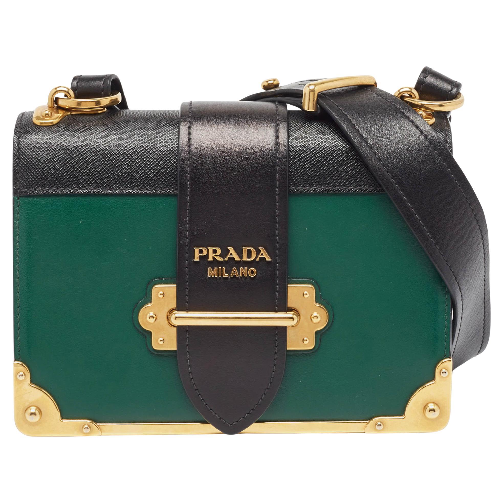 Prada Green/Black Saffiano Leather Cahier Flap Shoulder Bag For Sale