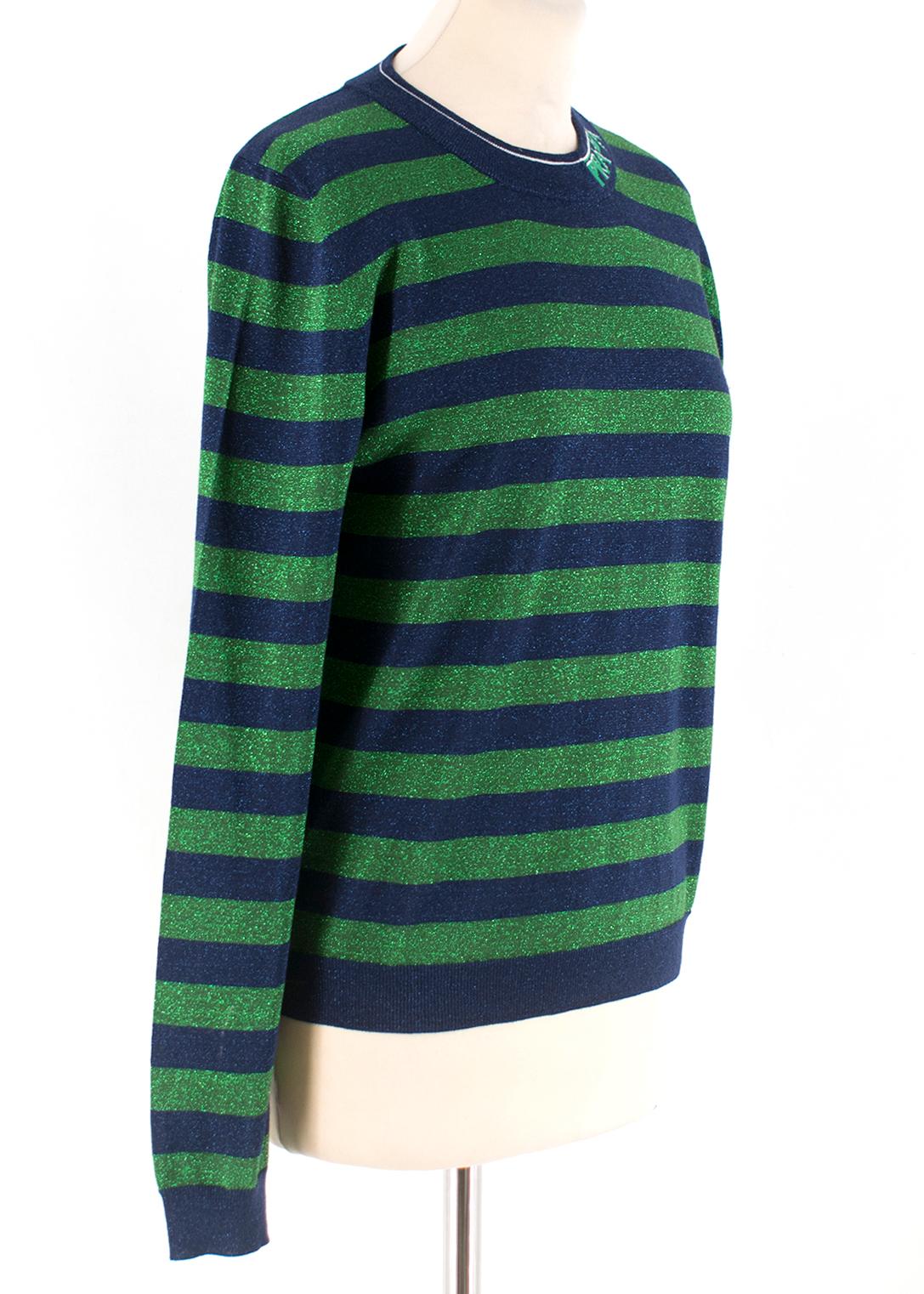 Green and blue striped glittery long-sleeved top from Prada. 

- Made in Italy
- 67% Virgin wool, 21% Viscose, 12% Metal fibres

Please note, these items are pre-owned and may show signs of being stored even when unworn and unused. This is reflected