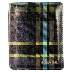 PRADA Green Blue Yellow Plaid Saffiano Leather Card Case Wallet