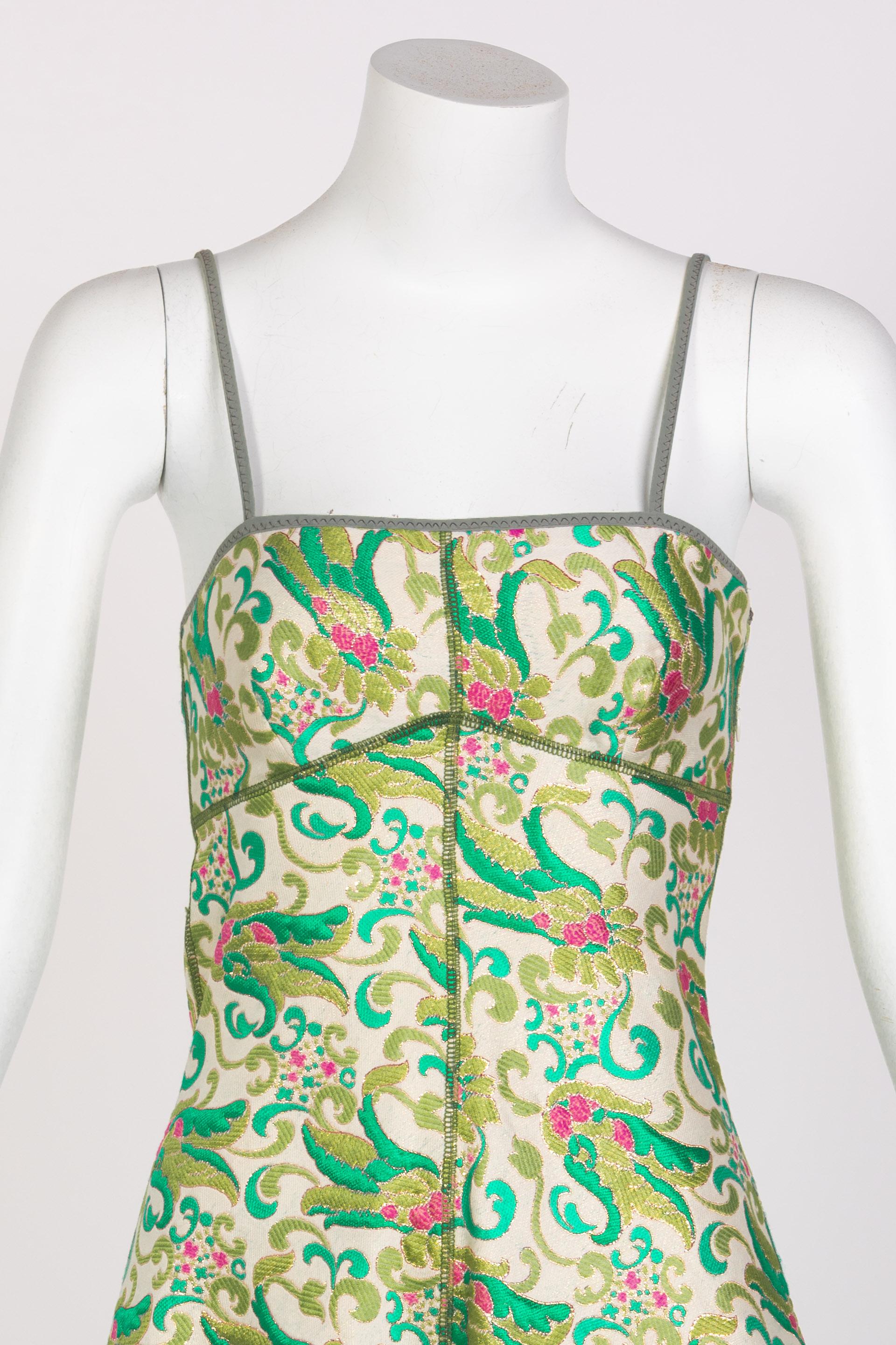 Beige  Prada Green Brocade A-Line Sleeveless Dress Spring 2003