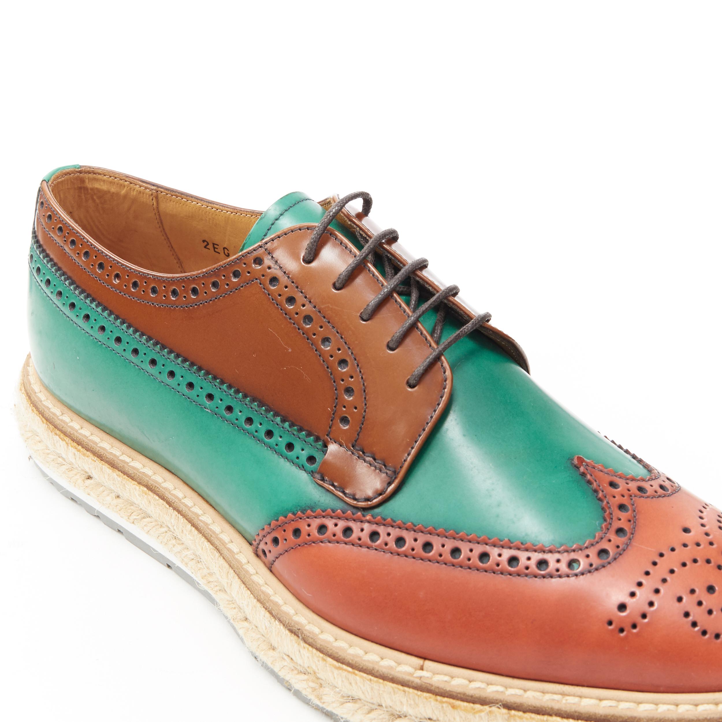 PRADA green brown colorblocked perforated espadrille platform brogue UK5.5 
Brand: Prada
Model Name / Style: Platform brogue
Material: Leather
Color: Green, brown
Pattern: Solid
Closure: Lace up
Extra Detail: Espadrille jute platform sole. 
Made in: