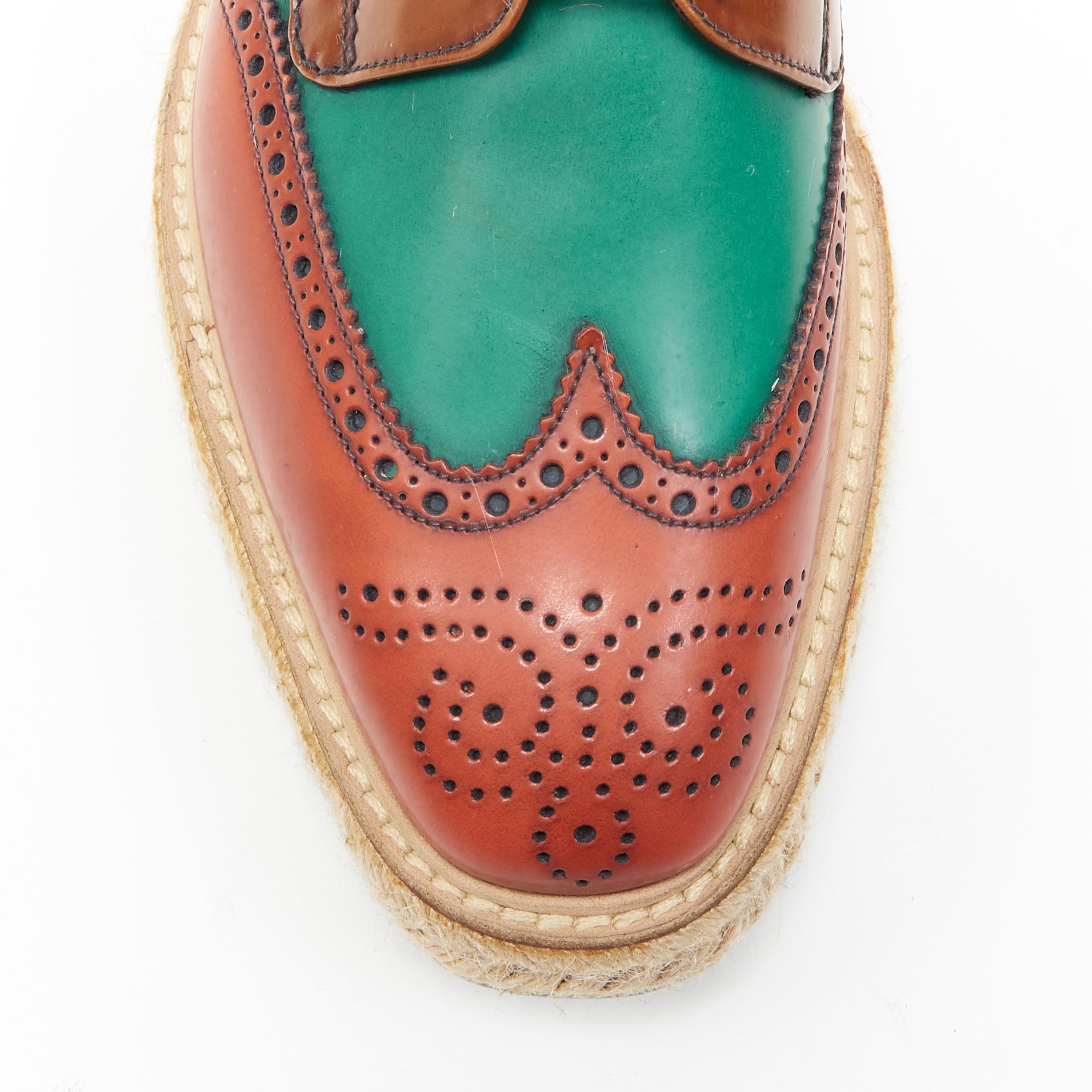 PRADA green brown colorblocked perforated espadrille platform brogue UK5.5 In Excellent Condition In Hong Kong, NT