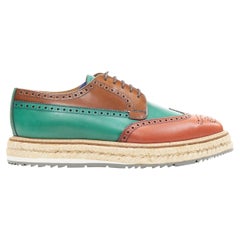 PRADA Brogue compensée en espadrille perforée marron vert et marron avec blocs de couleur GB5,5