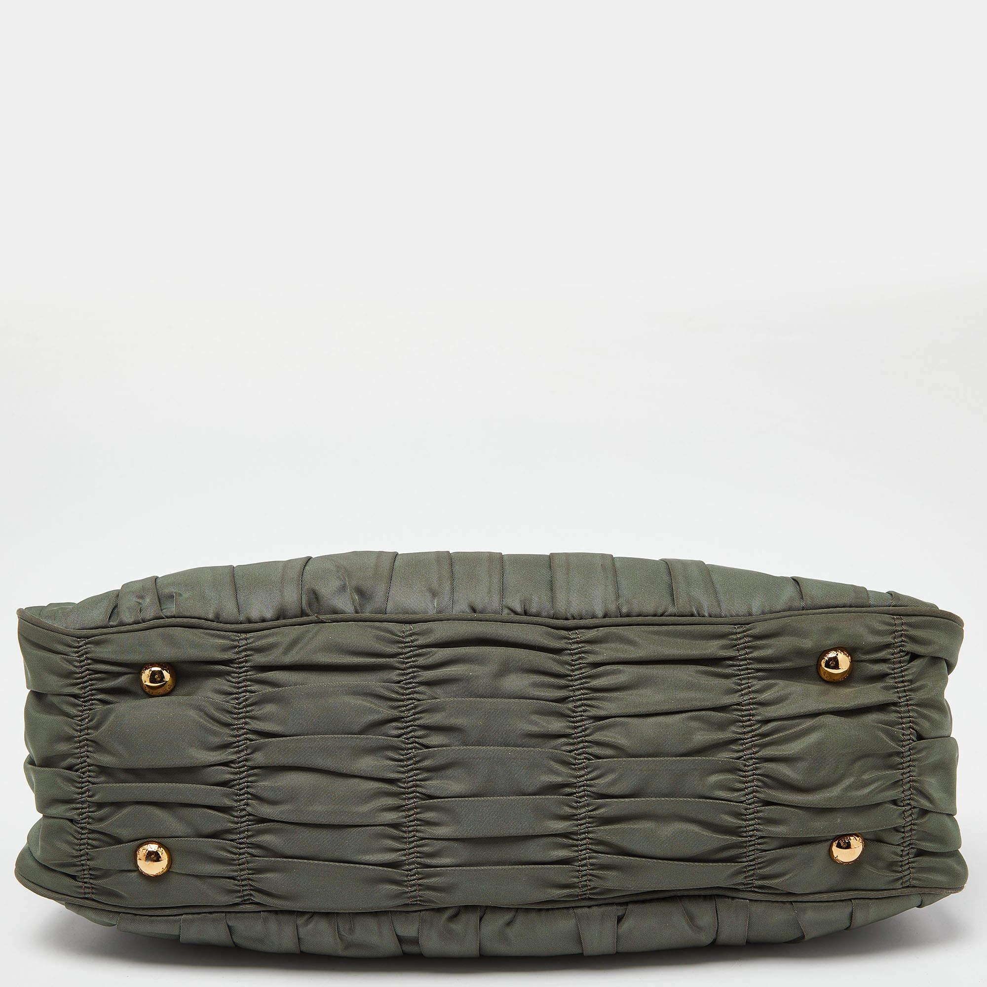 Prada Green/Brown Gaufre Nylon and Leather Tote 6