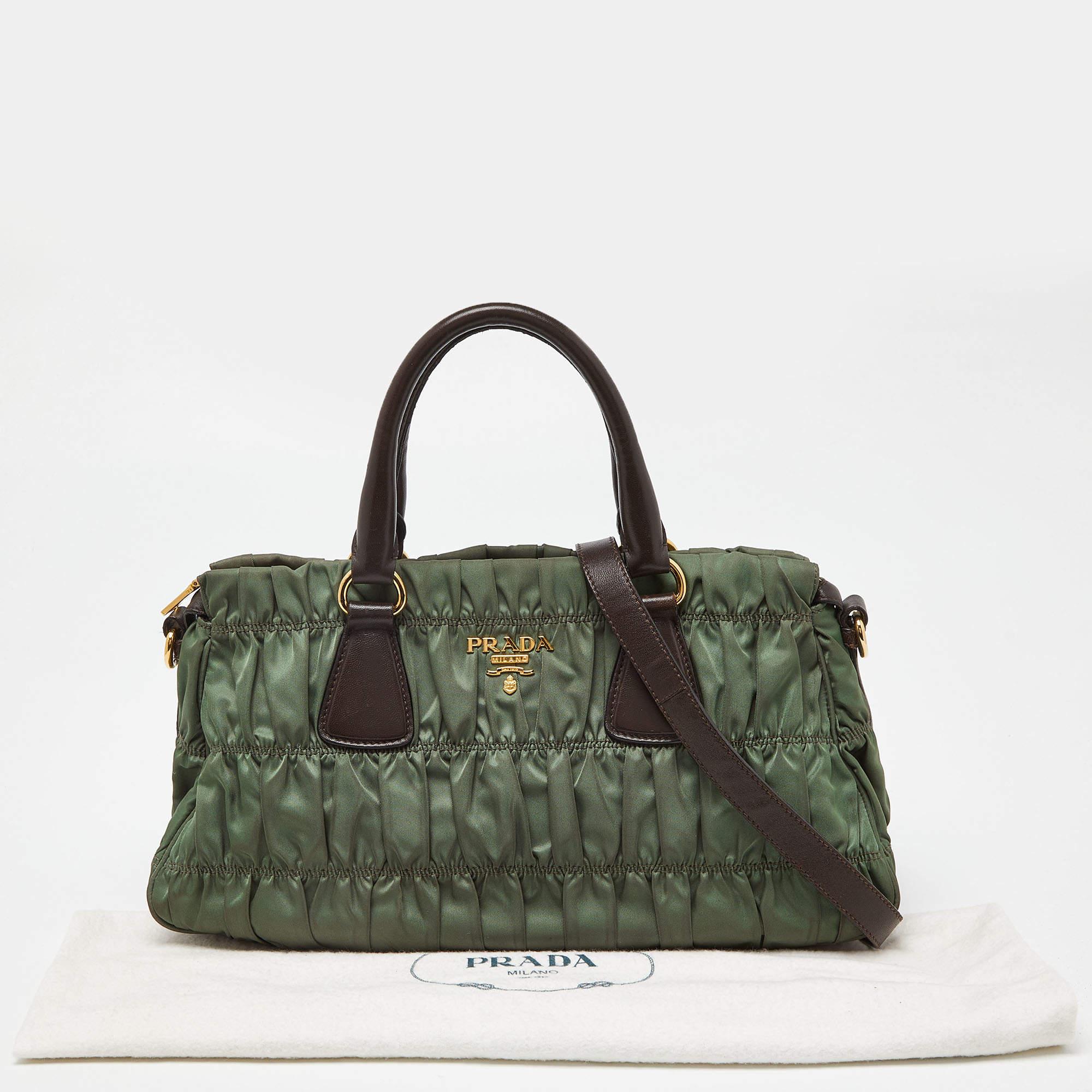 Prada Green/Brown Gaufre Nylon and Leather Tote For Sale 8
