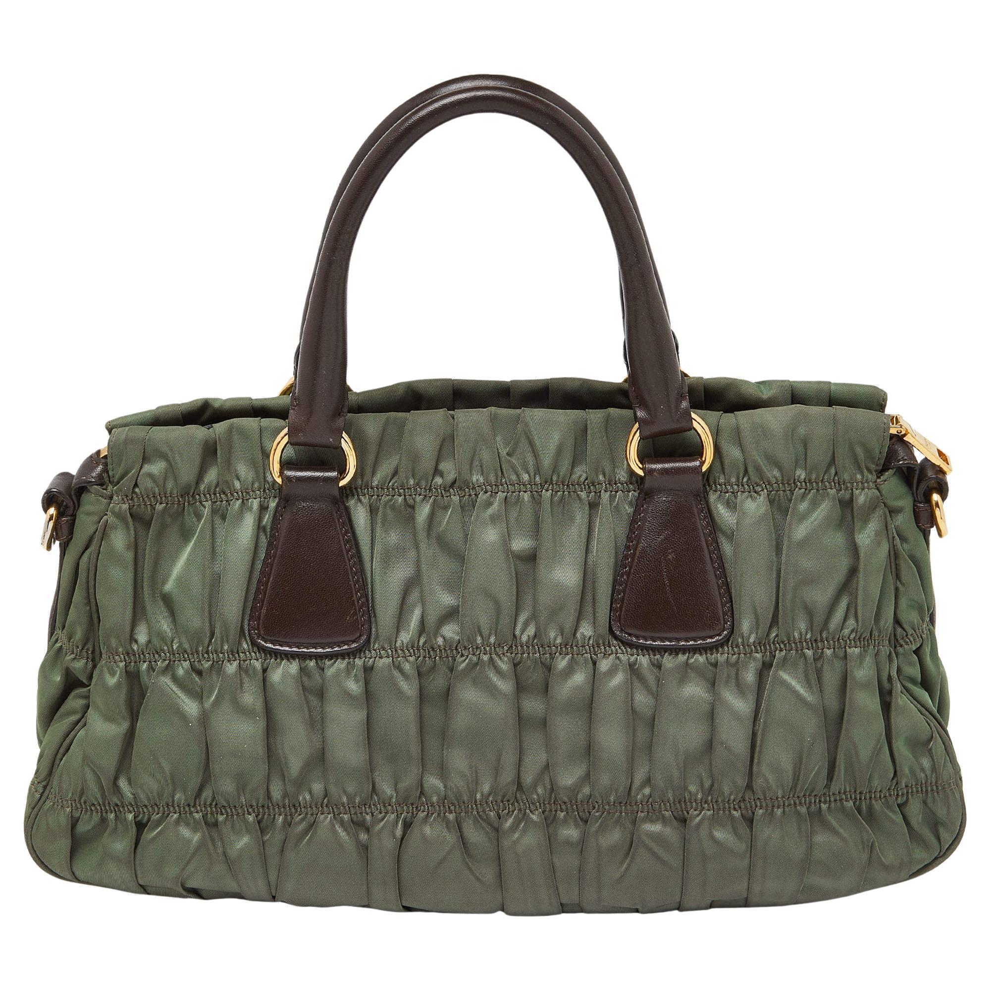 Women's Prada Green/Brown Gaufre Nylon and Leather Tote For Sale