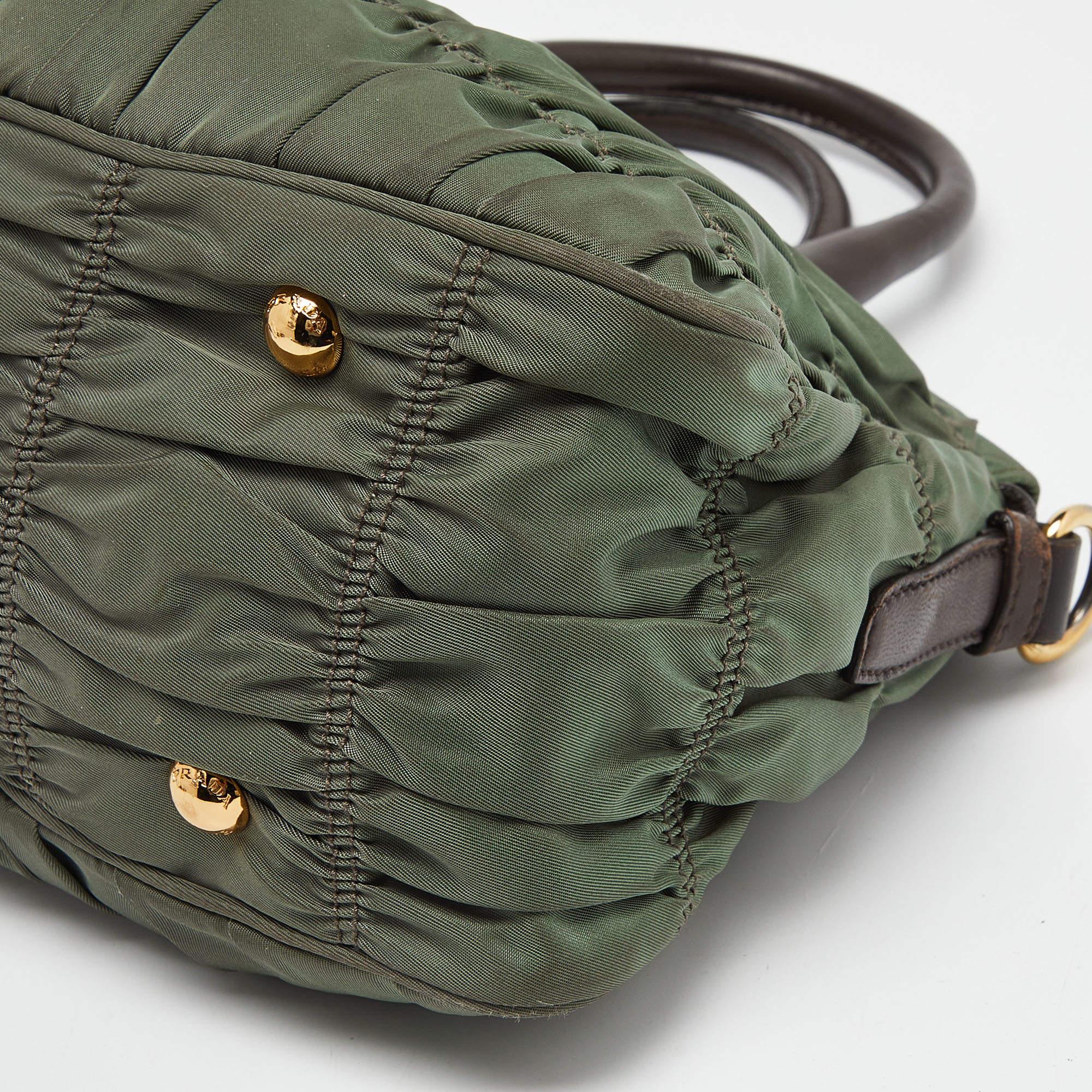 Women's Prada Green/Brown Gaufre Nylon and Leather Tote