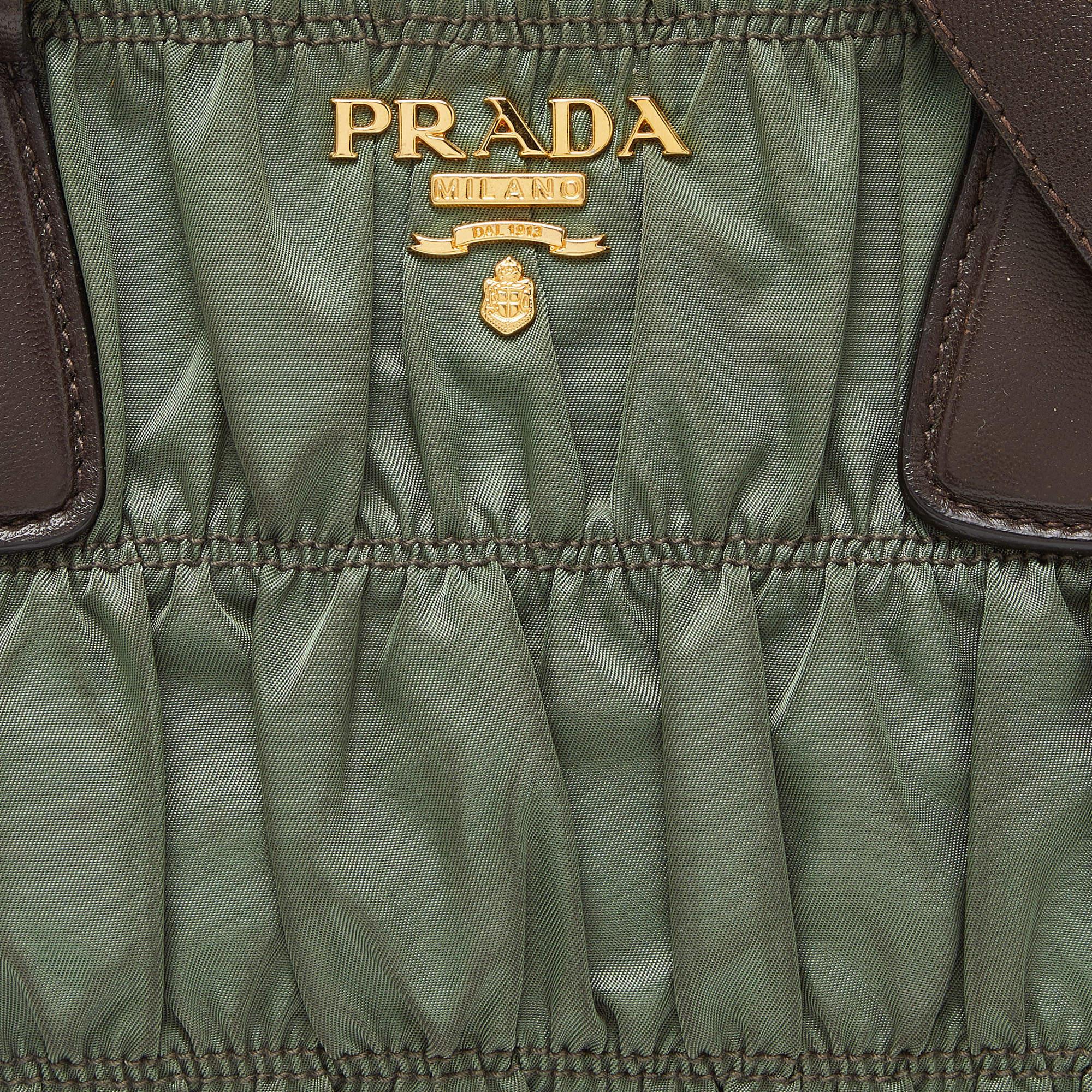 Prada Green/Brown Gaufre Nylon and Leather Tote For Sale 3