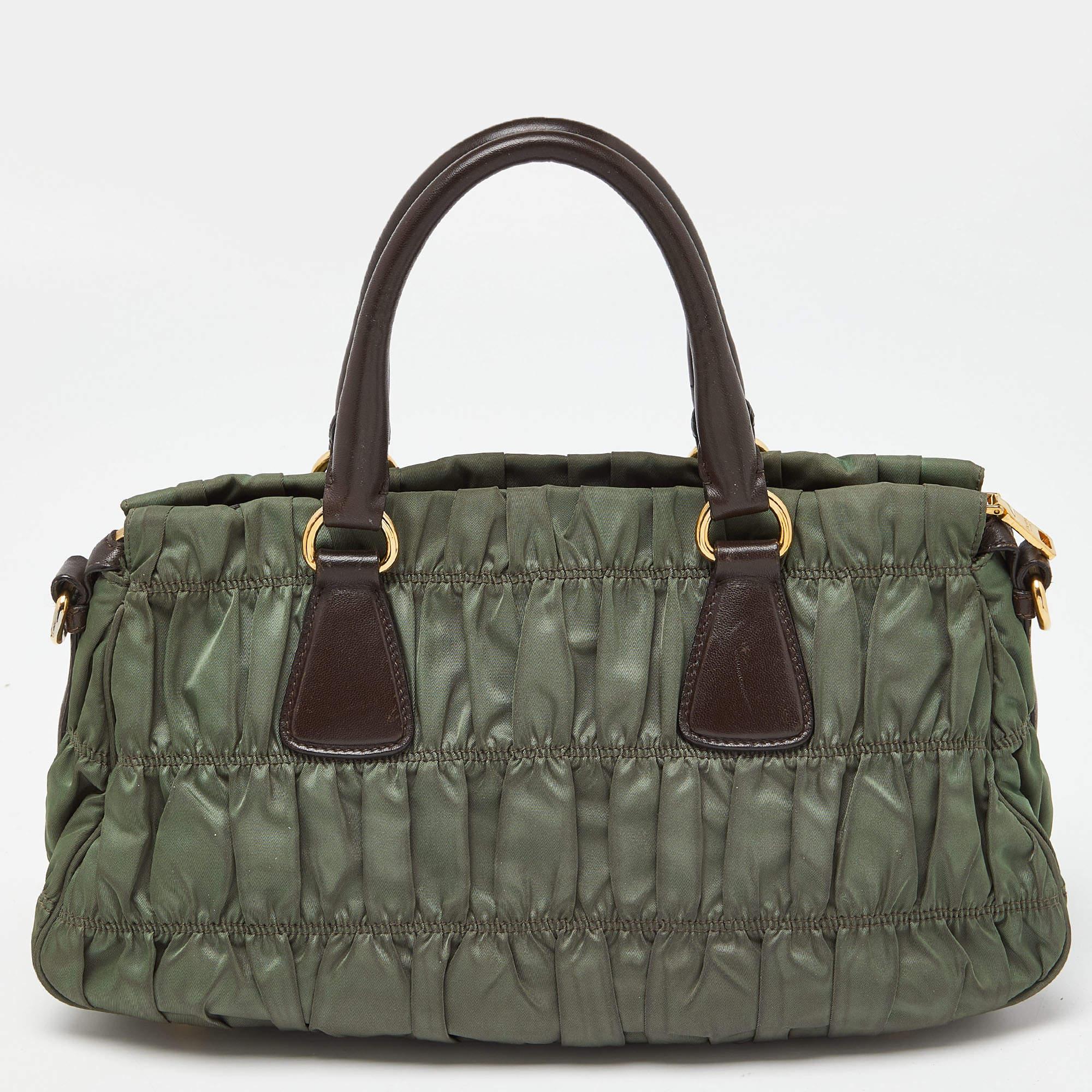 Prada Green/Brown Gaufre Nylon and Leather Tote For Sale 4