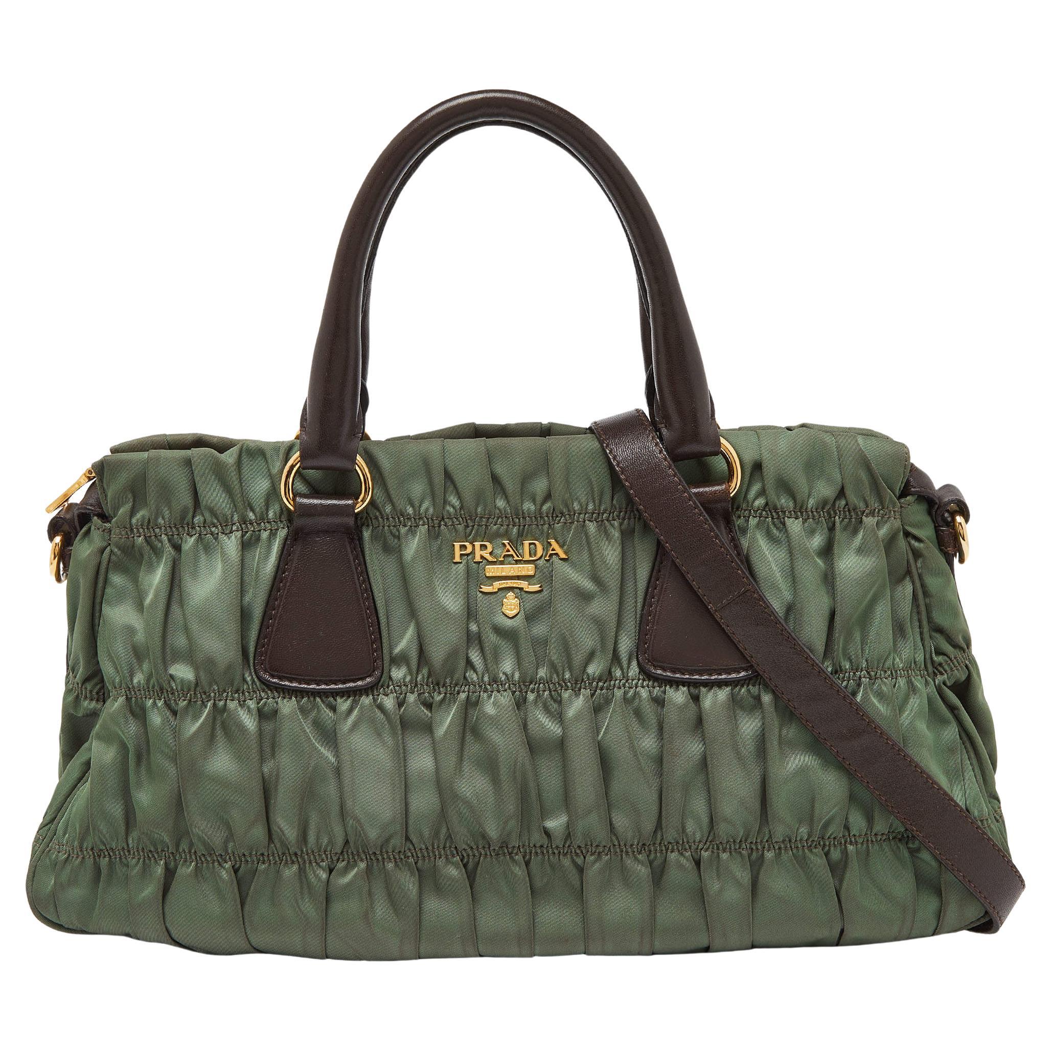 Prada Green/Brown Gaufre Nylon and Leather Tote For Sale