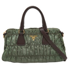 Used Prada Green/Brown Gaufre Nylon and Leather Tote