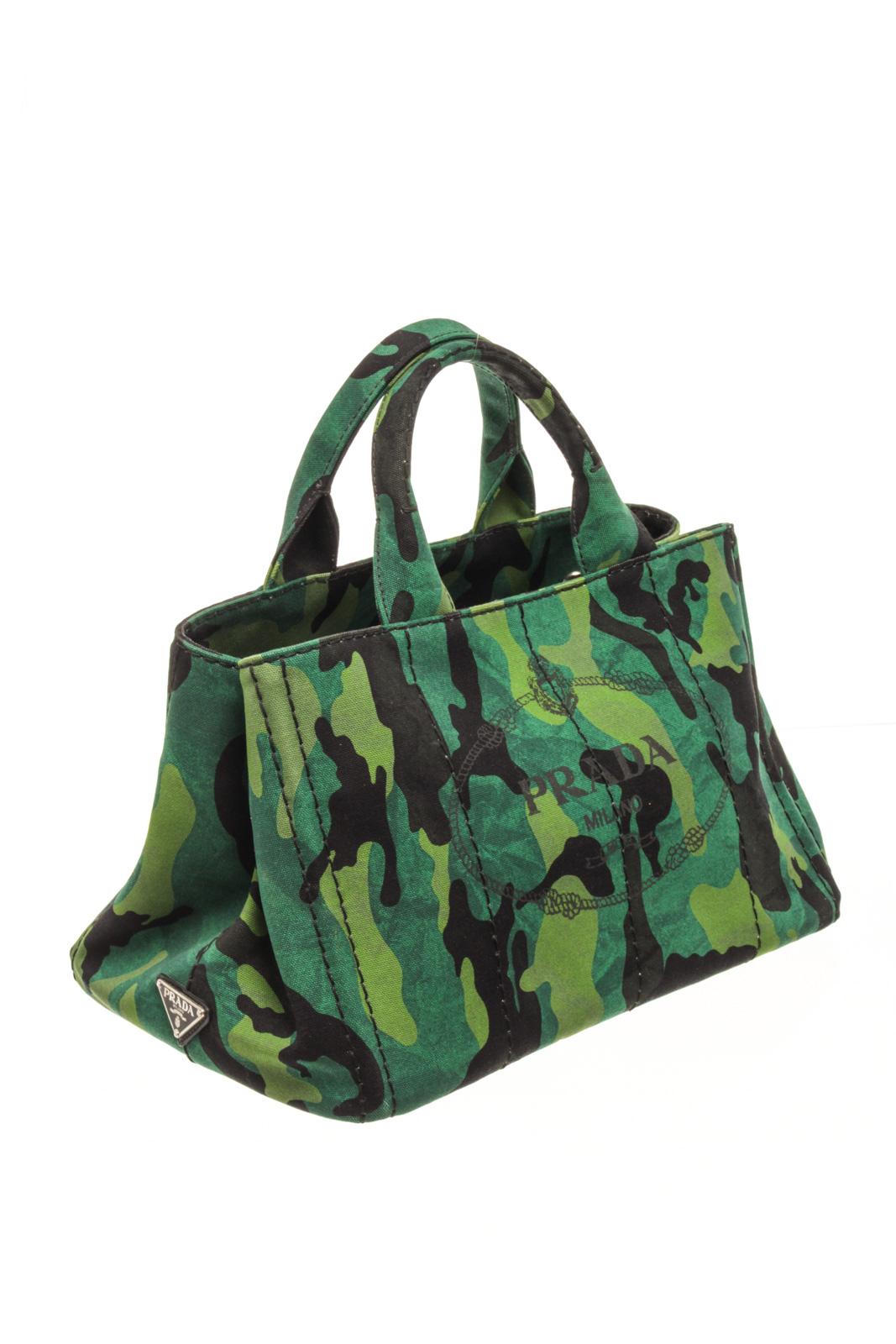 Prada Green Camo Canvas Canapa Tote Bag with top handle, canvas lining, interior zipper pocket, silver tone hardware. 

83220MSC