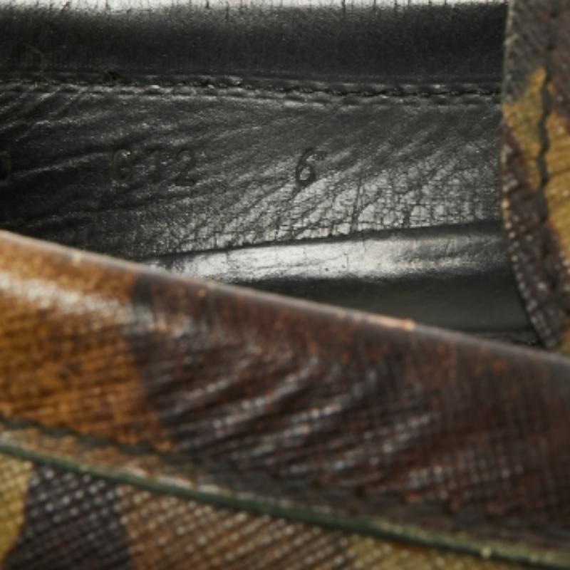 Brown Prada Green Camo Print Leather Slip On Loafers Size 39.5 For Sale