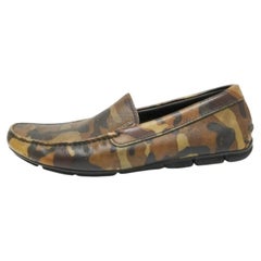 Used Prada Green Camo Print Leather Slip On Loafers Size 39.5