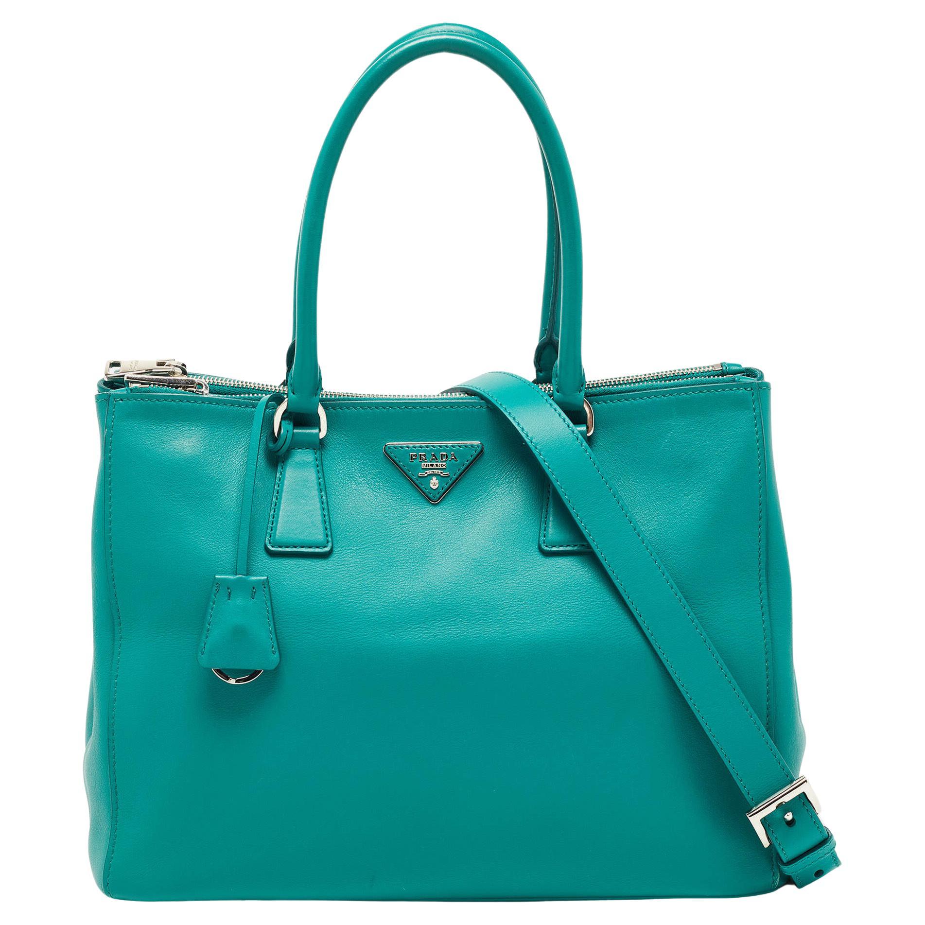 Prada Green City Calf Leather Medium Galleria Double Zip Tote For Sale