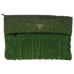 Prada Green Crepe Pleated Fabric Clutch