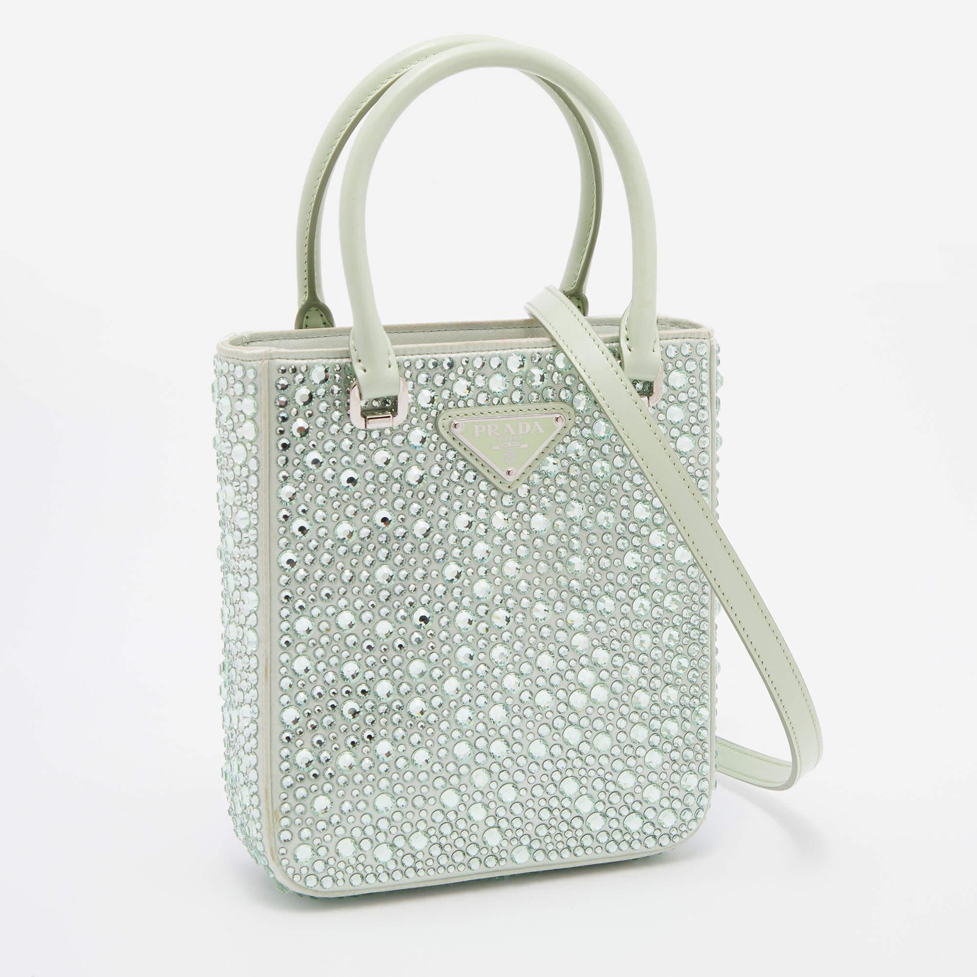 Women's Prada Green Crytal Embellished Satin Small Tote