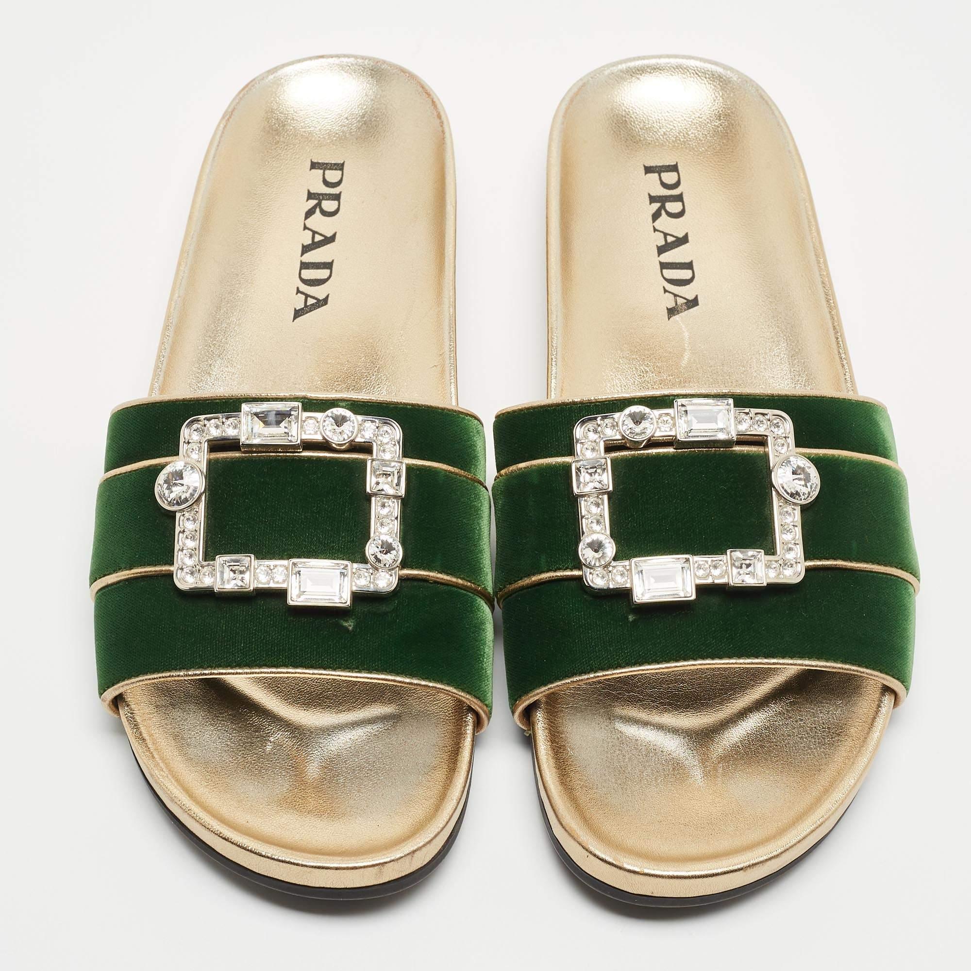 Beige Prada Green/Gold Velvet And Leather Buckle Detail Slides Sizes 39.5 For Sale