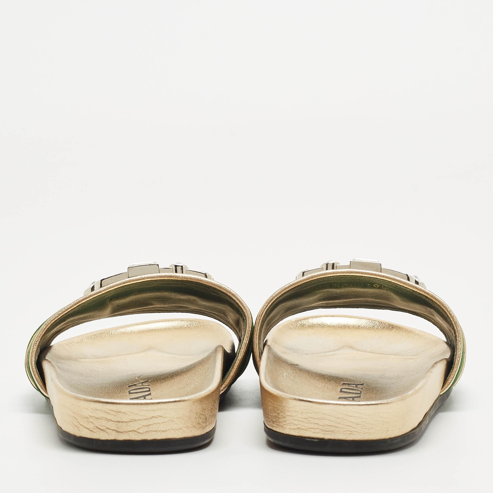 Women's Prada Green/Gold Velvet And Leather Buckle Detail Slides Sizes 39.5 For Sale