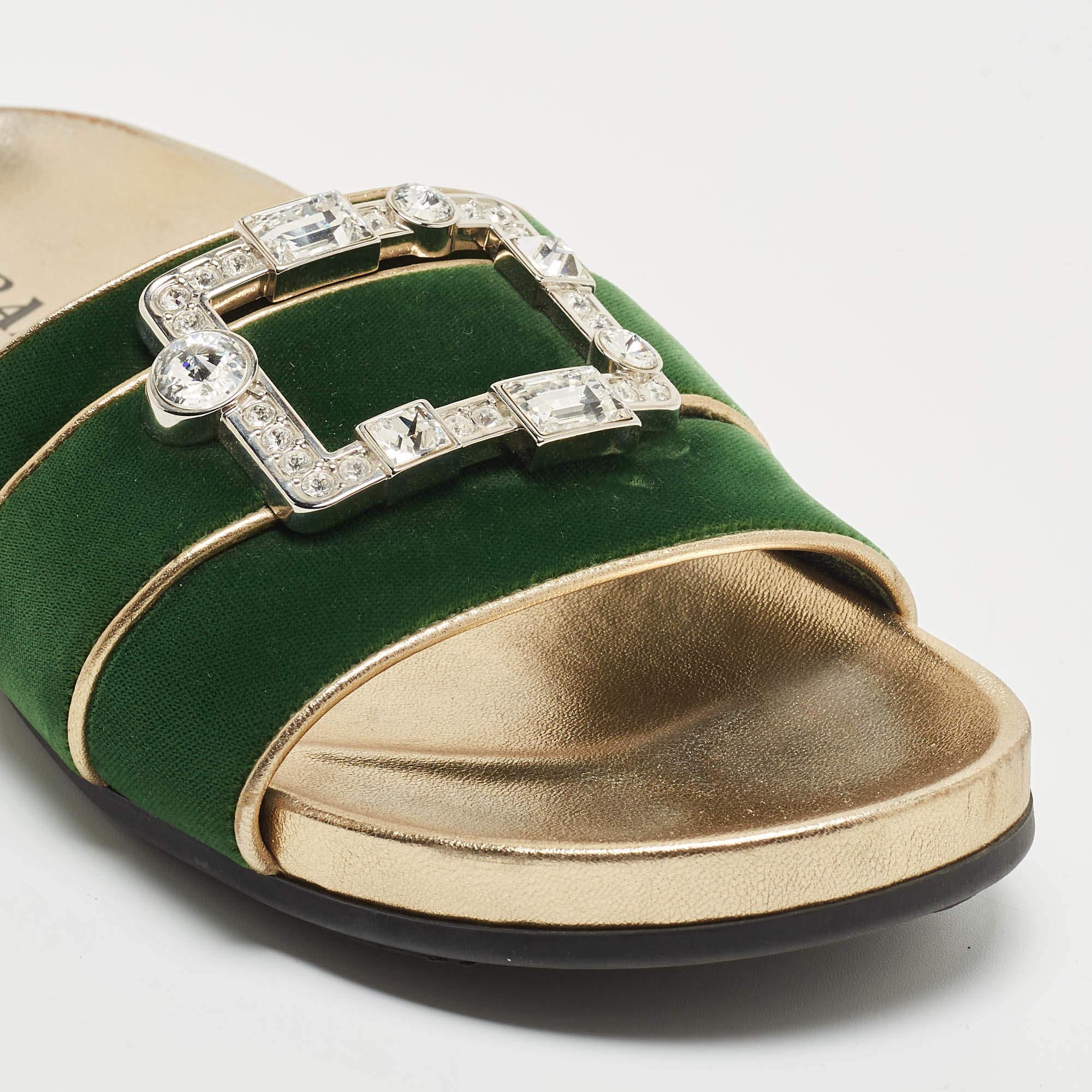 Prada Green/Gold Velvet And Leather Buckle Detail Slides Sizes 39.5 For Sale 3