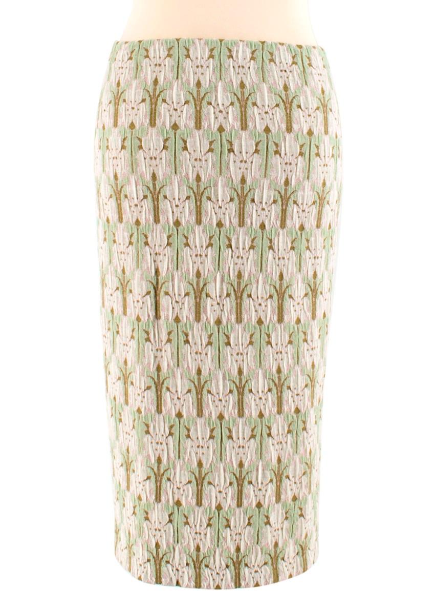 Beige Prada green jacquard floral midi skirt - Size US 6 For Sale