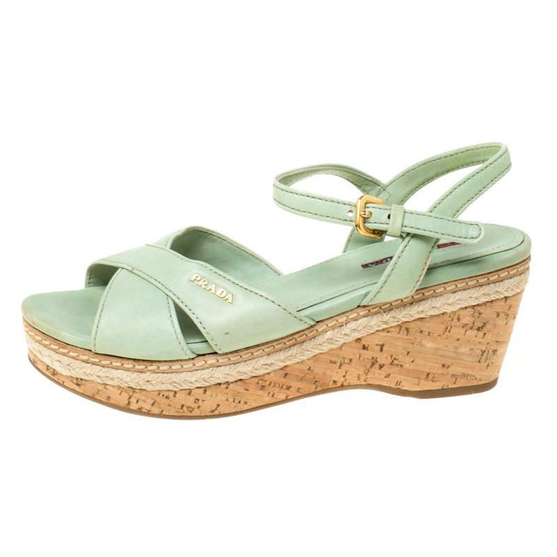 Prada Green Leather Ankle Strap Platform Espadrille Sandals Size 36