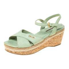 Prada Green Leather Ankle Strap Platform Espadrille Sandals Size 36