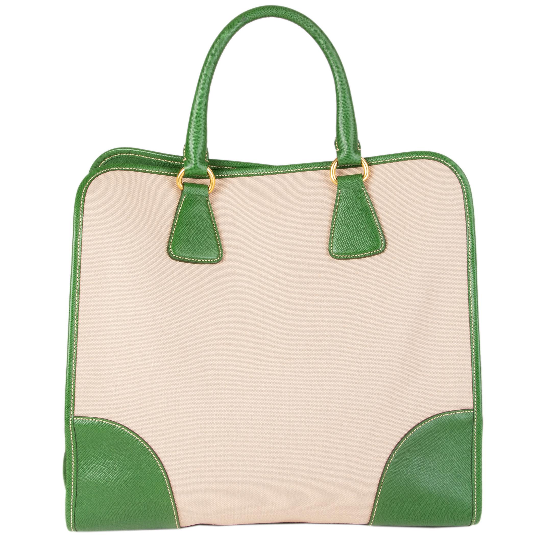 Beige PRADA green leather & canvas NORTT TO SOUTH Tote Bag
